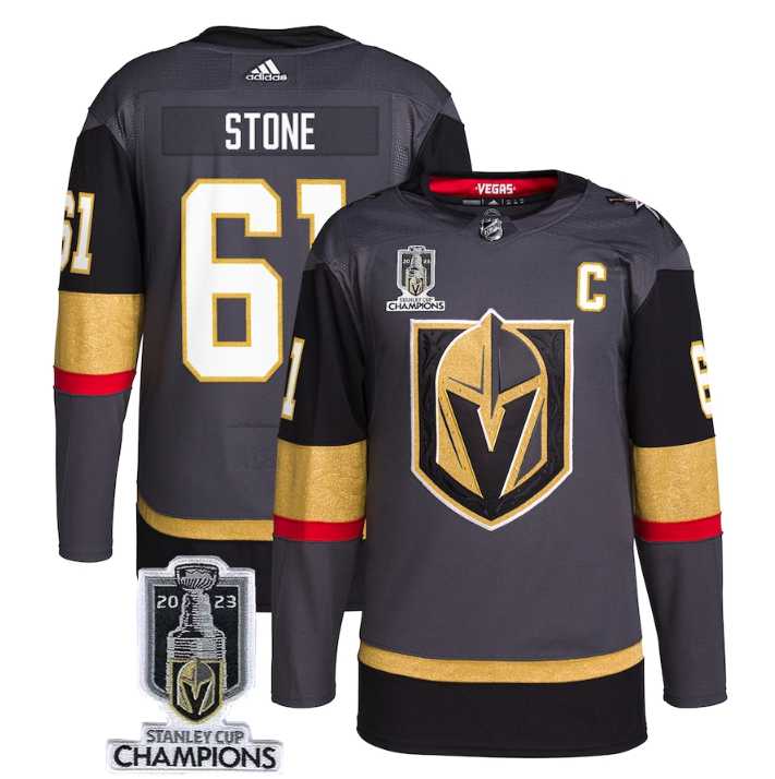 Men%27s Vegas Golden Knights #61 Mark Stone Gray 2023 Stanley Cup Champions Stitched Jersey